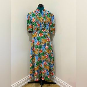 Jungle floral print midi dress with ruffle detail on top